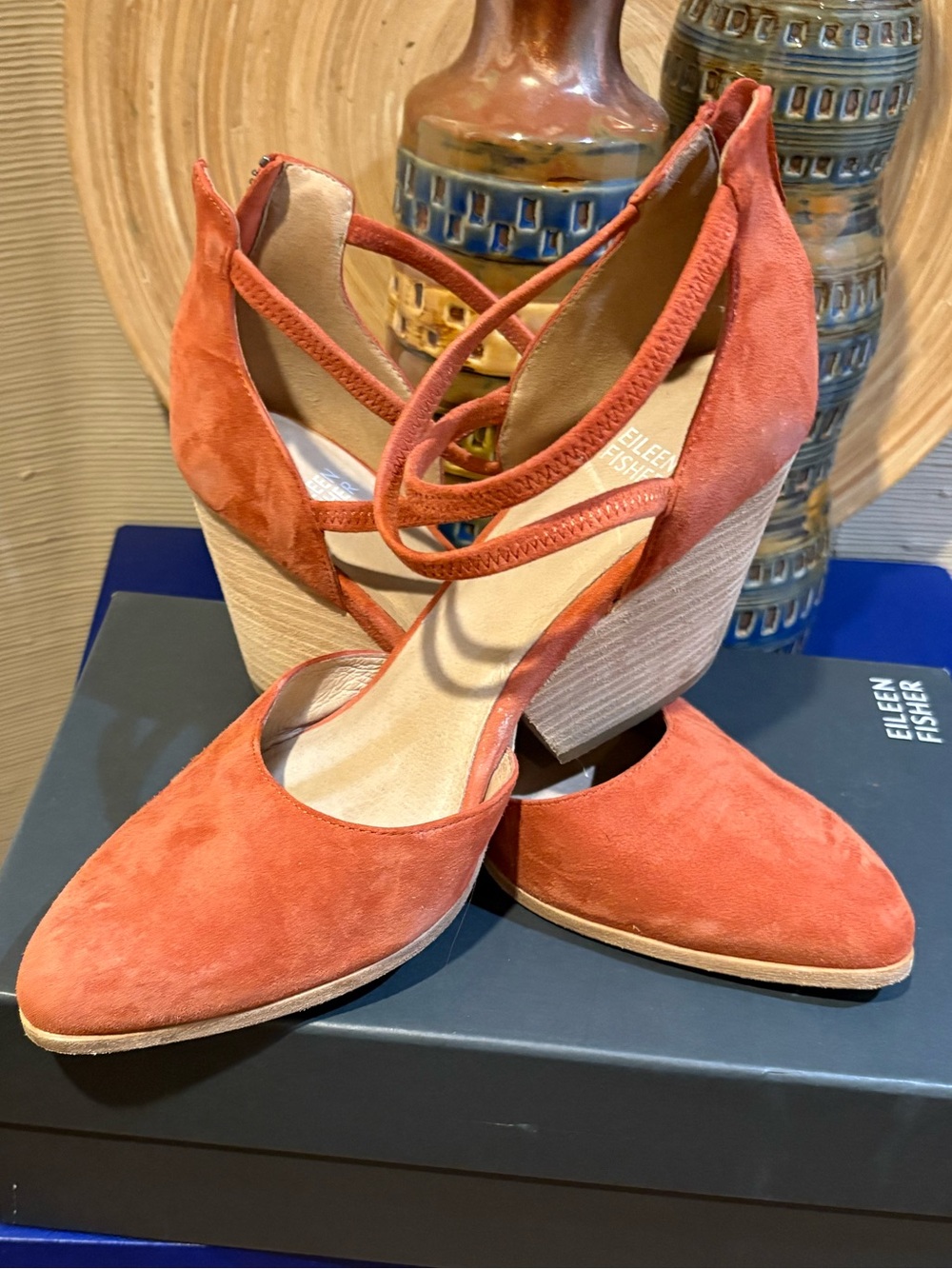 Eileen Fisher Coral Suede Crisscross Wedge Pumps